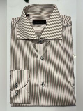 Saks Fifth Avenue White Dress Shirt with Red & Navy Stripes